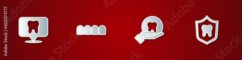 Set Dental clinic location, Dentures model, Tooth and protection icon. Vector