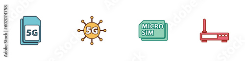 Set 5G Sim Card, network, Micro and Router and wi-fi signal icon. Vector