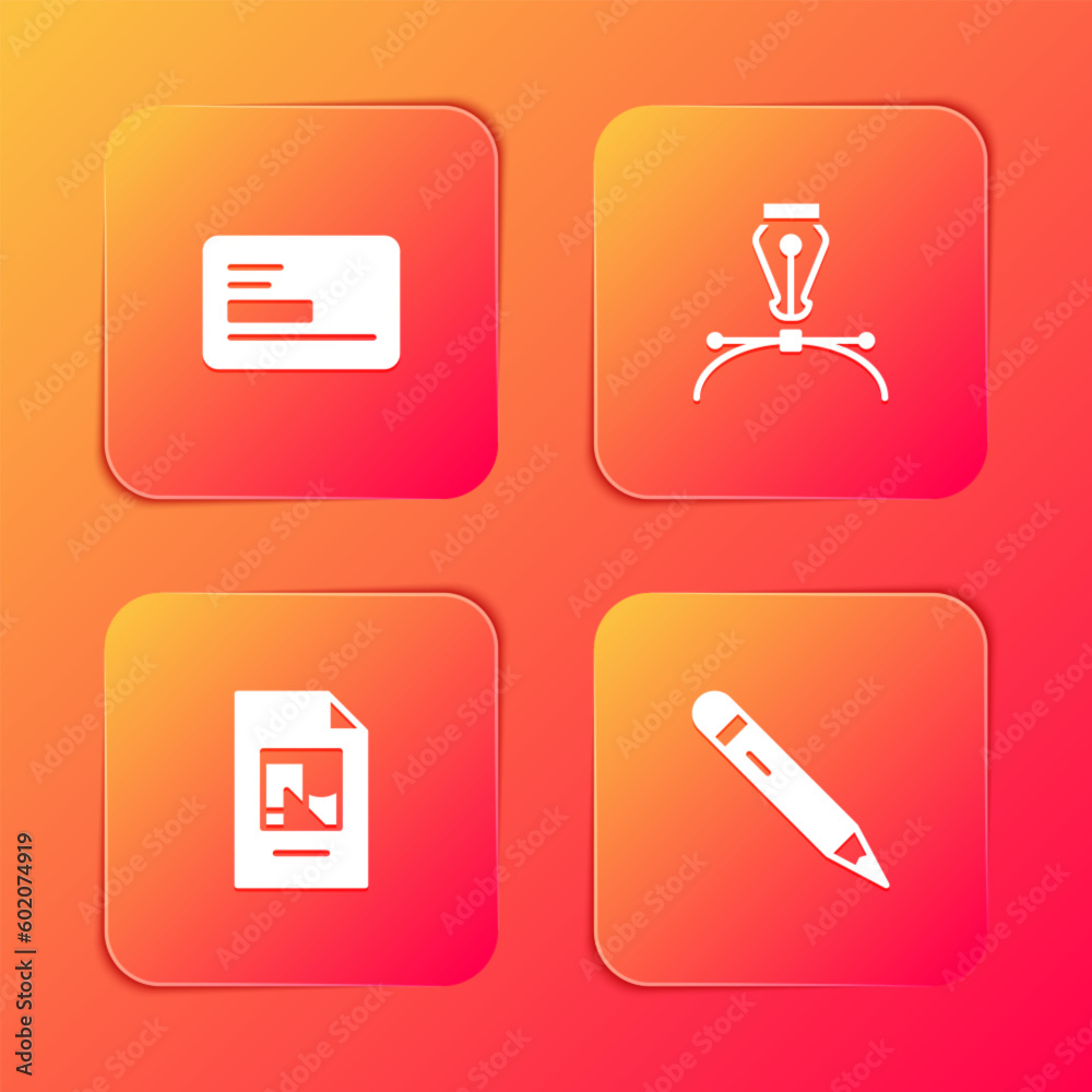 Set Business card, Fountain pen nib, File document and Pencil with eraser icon. Vector Set Business card, Fountain pen nib, File document and Pencil with eraser icon. Vector