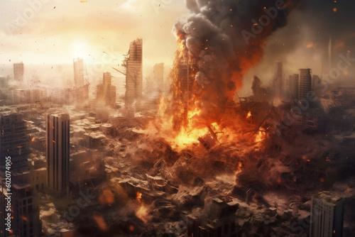City on Fire, Exploding Structures and Collapsing Buildings in a Warzone, generative Ai