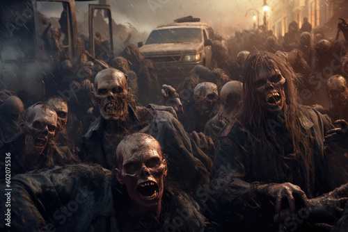 A zombie horde of undead attacking. Generative ai photo