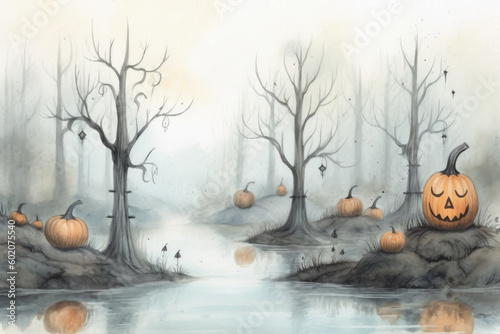 Watercolour pencil illustration of a spooky Halloween landscape with pumpkins and a small river. The misty and foggy forest with a melancholic mood. Generative AI