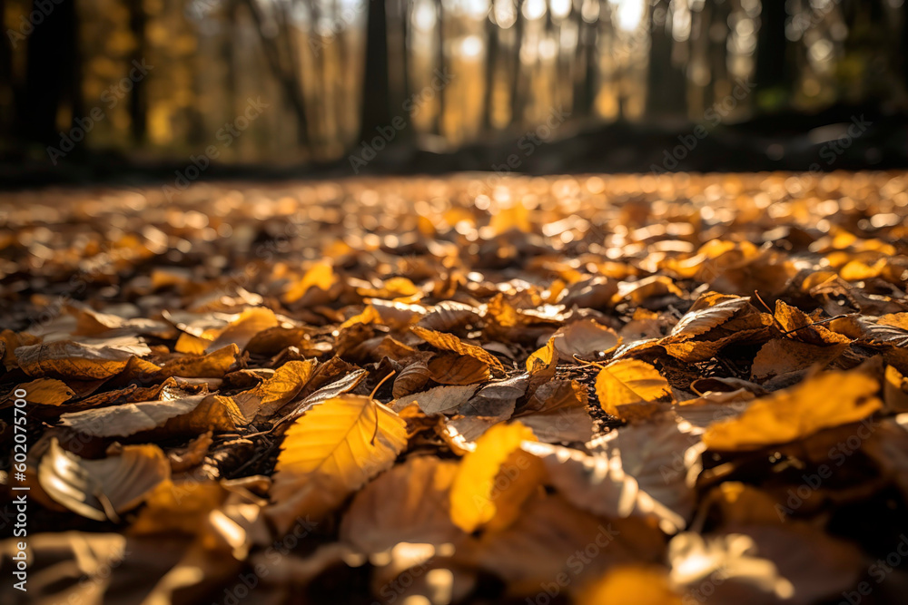 Carpet of fallen leaves in an autumn forest. The leaves, with hues of yellow, brown, and orange, glisten under the soft sunlight. 