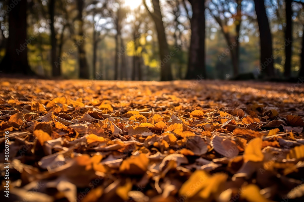 Carpet of fallen leaves in an autumn forest. The leaves, with hues of yellow, brown, and orange, glisten under the soft sunlight. 