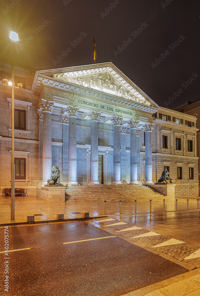 Night View of Congress of Deputies Building in Madrid
