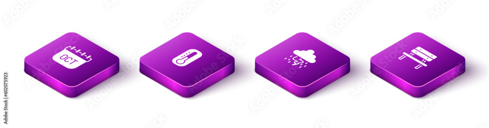 Set Isometric October calendar autumn, Thermometer, Storm and Bench icon. Vector Set Isometric October calendar autumn, Thermometer, Storm and Bench icon. Vector