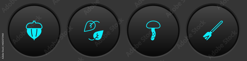Set Acorn, Leaf, Mushroom and Handle broom icon. Vector Set Acorn, Leaf, Mushroom and Handle broom icon. Vector