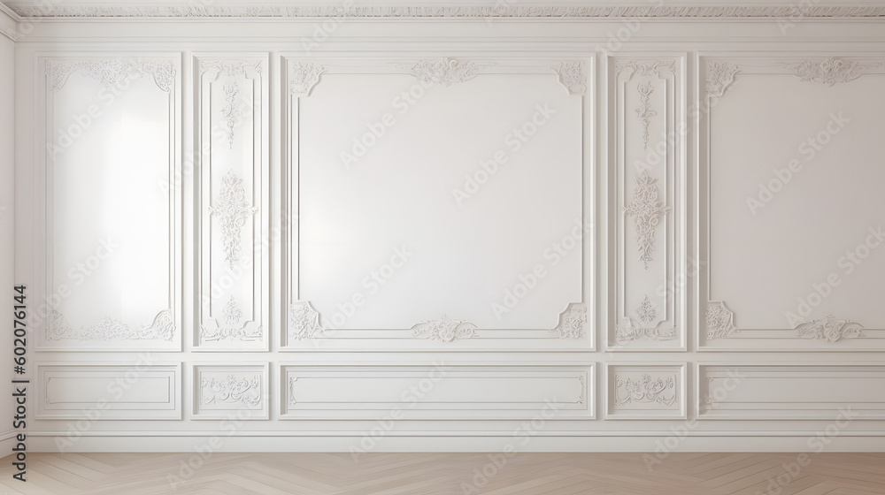White wall with classic style mouldings and wooden floor, empty room interior.