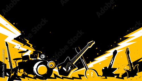 Vector illustration of party music decorated with rock and roll instruments on a background design template for a music festival banner or concert poster.