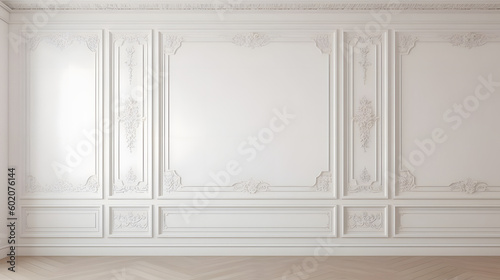 Fotografia White wall with classic style mouldings and wooden floor, empty room interior