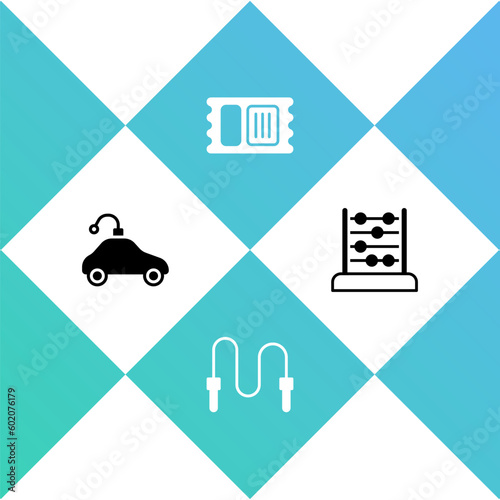 Set Radio controlled car toy, Jump rope, Circus ticket and Abacus icon. Vector