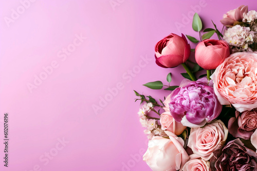 Collection of peonies and roses set against a pink backdrop, copy space.