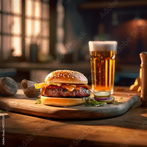 Experience the Perfect Combination of a Mouthwatering Burger, Golden Fries, and a Cold Pint of Beer, Served on a Natural Wooden Plate in a Cozy Bar. Generative AI.