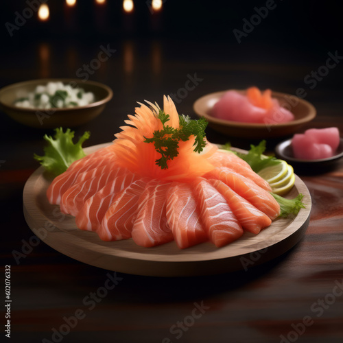 Exceptional Freshness! Beautifully Presented Fresh Salmon Sashimi on a Wooden Plate in a Stylish Restaurant Setting. Generative AI.