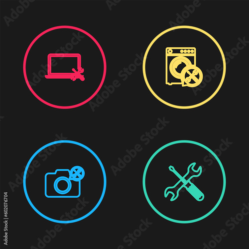 Set line Photo camera service, Crossed screwdriver and wrench, Washer and Laptop icon. Vector