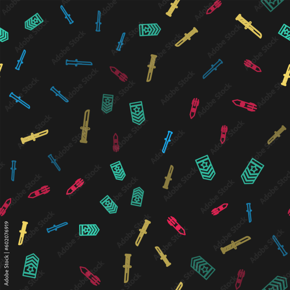 Set line Military knife, Chevron, and Nuclear rocket on seamless pattern. Vector Set line Military knife, Chevron, and Nuclear rocket on seamless pattern. Vector