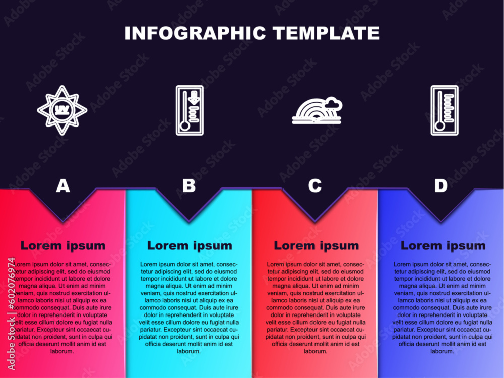 Naklejka premium Set line UV protection, Meteorology thermometer, Rainbow with cloud and . Business infographic template. Vector