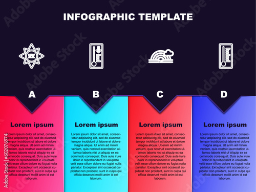 Set line UV protection, Meteorology thermometer, Rainbow with cloud and . Business infographic template. Vector