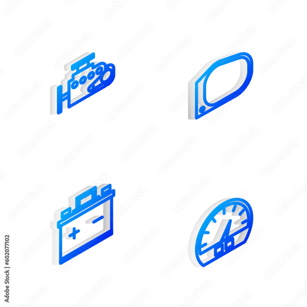 Set Isometric line Car mirror, engine, battery and Speedometer icon. Vector Set Isometric line Car mirror, engine, battery and Speedometer icon. Vector