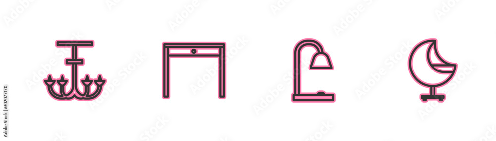 Set line Chandelier, Table lamp, Wooden table and Armchair icon. Vector Set line Chandelier, Table lamp, Wooden table and Armchair icon. Vector