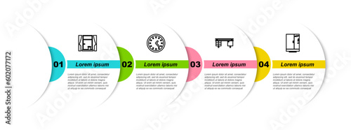 Set line Window with curtains, Clock, Office desk and Shower cabin. Business infographic template. Vector