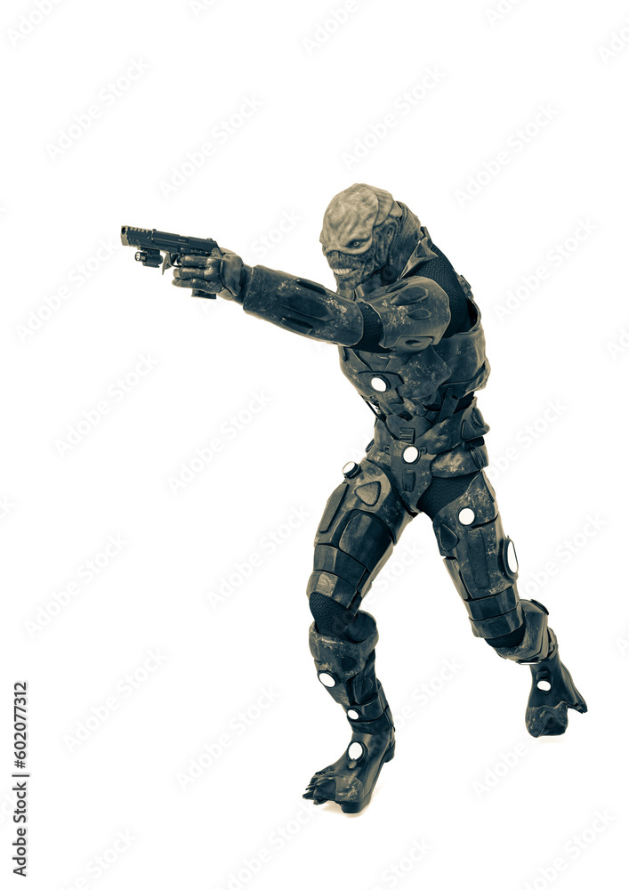 reptilian officer pointing a gun in white background reptilian officer pointing a gun in white background