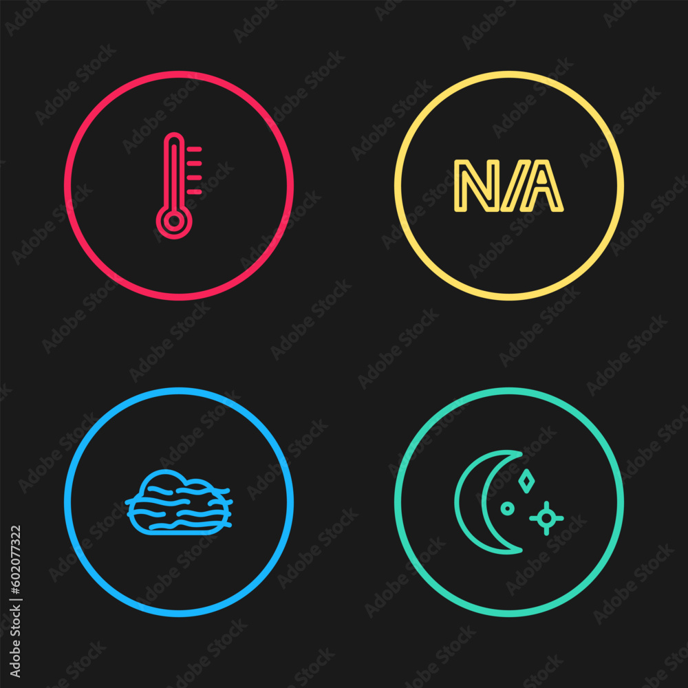 Set line Fog and cloud, Moon stars, Not applicable and Meteorology thermometer icon. Vector