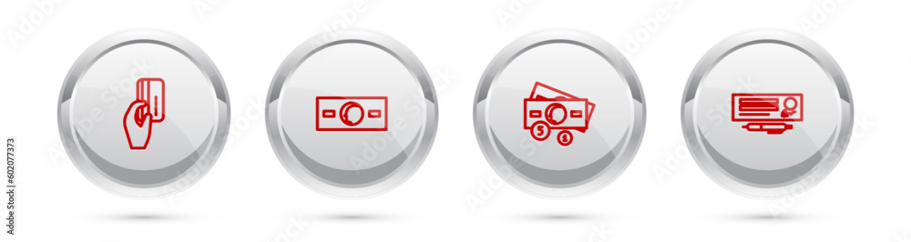Set line Hand holding with credit card, Paper money cash, Stacks paper and Bank check pen. Silver circle button. Vector Set line Hand holding with credit card, Paper money cash, Stacks paper and Bank check pen. Silver circle button. Vector