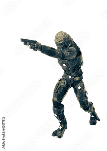 reptilian officer pointing a gun in white background