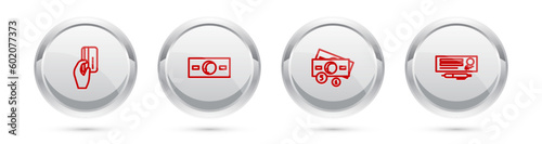 Set line Hand holding with credit card, Paper money cash, Stacks paper and Bank check pen. Silver circle button. Vector