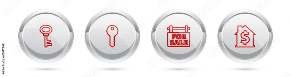 Set line House key, , Hanging sign with For Sale and dollar symbol. Silver circle button. Vector Set line House key, , Hanging sign with For Sale and dollar symbol. Silver circle button. Vector