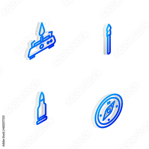 Set Isometric line Medieval spear  Camping gas stove  Bullet and Compass icon. Vector