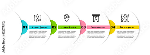 Set line Kayak or canoe, Location fishing, Folding chair and Folded map. Business infographic template. Vector