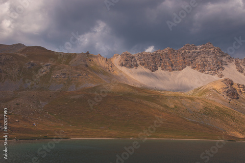 A picturesque landscape of a mountain lake Lac de Soulier in the Queyras valley in the Alps  Hautes-Alpes  France 