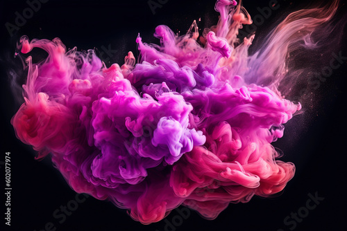 Fluid splash, similar to color vapor or ink in water. The explosion of pink and purple glowing glitter particles forms a mesmerizing smoke cloud against a dark black background.