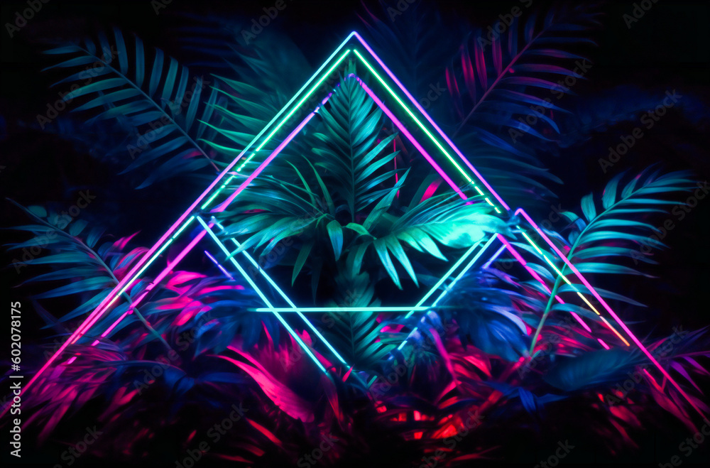 neon triangle in the background behind palm leaves neon triangle in the background behind palm leaves