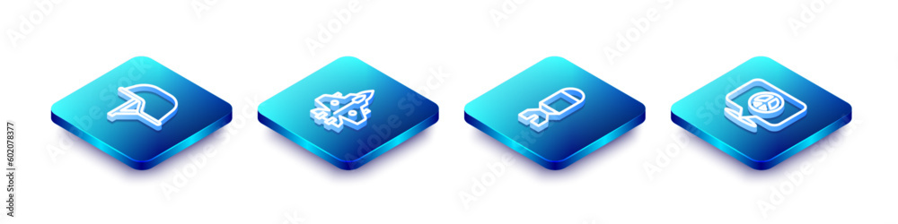 Set Isometric line Military helmet, Jet fighter, Rocket launcher and Location peace icon. Vector Set Isometric line Military helmet, Jet fighter, Rocket launcher and Location peace icon. Vector