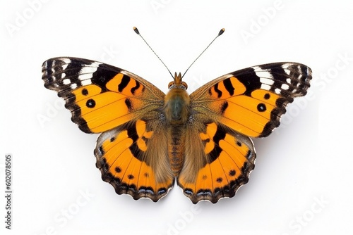 Isolated painted lady butterfly on white background, Generative AI