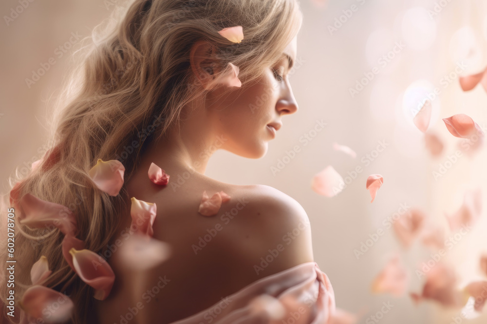 A beautiful young blonde woman walks through falling pink rose petals. Photorealistic illustration generative AI. A beautiful young blonde woman walks through falling pink rose petals. Photorealistic illustration generative AI.
