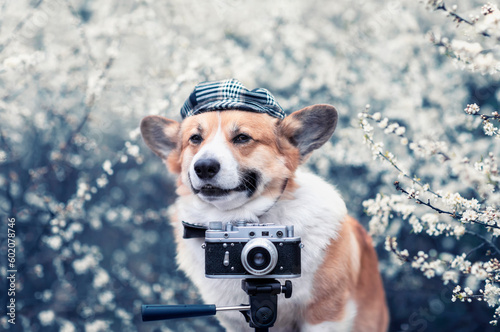 cute portrait of a corgi dog with retro camera in a blooming spring garden