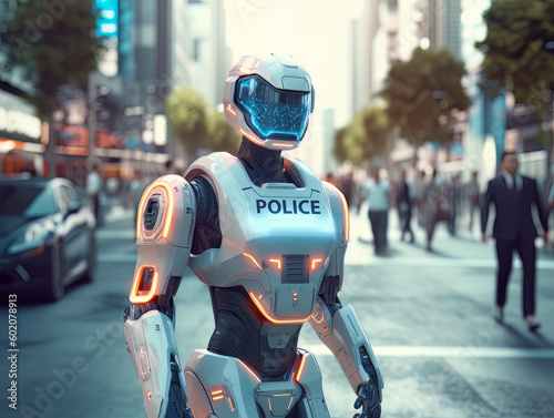 On a busy city street, a humanoid robot in a police uniform is directing traffic and monitoring pedestrians. Generative Ai.