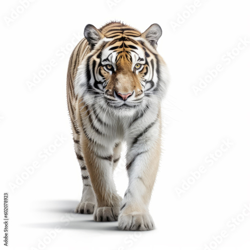 Beautiful tiger full length on white background. Big catphoto. Wild animal predator. Generative Ai. photo