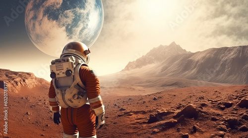 An astronaut standing on the surface of Mars, with the planet's rugged red landscape visible in the background. Generative Ai.