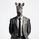 Exude Elegance and Sophistication. A Confident Zebra Businessman in a Suit Strikes Posed in Front of a Minimalistic White Background. Concept animal power. Generative AI.