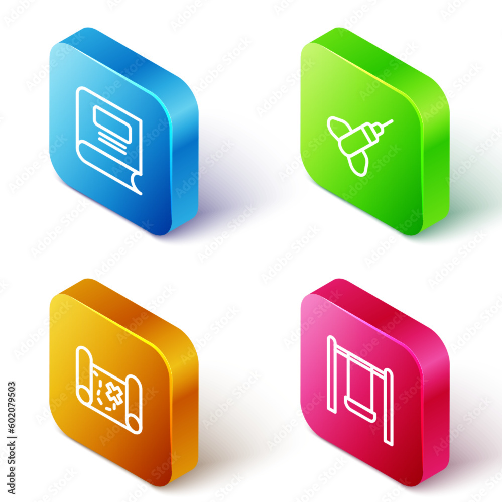 Set Isometric line Book, Dart arrow, Pirate treasure map and Swing icon. Vector Set Isometric line Book, Dart arrow, Pirate treasure map and Swing icon. Vector