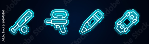Set line Baseball bat with ball, Water gun, Pencil eraser and Skateboard. Glowing neon icon. Vector