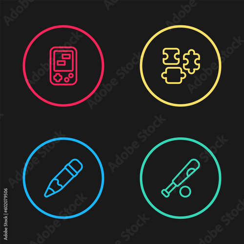 Set line Pencil with eraser, Baseball bat ball, Puzzle pieces toy and Tetris electronic game icon. Vector