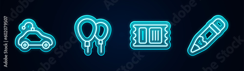 Set line Radio controlled car toy, Balloons, Circus ticket and Pencil with eraser. Glowing neon icon. Vector