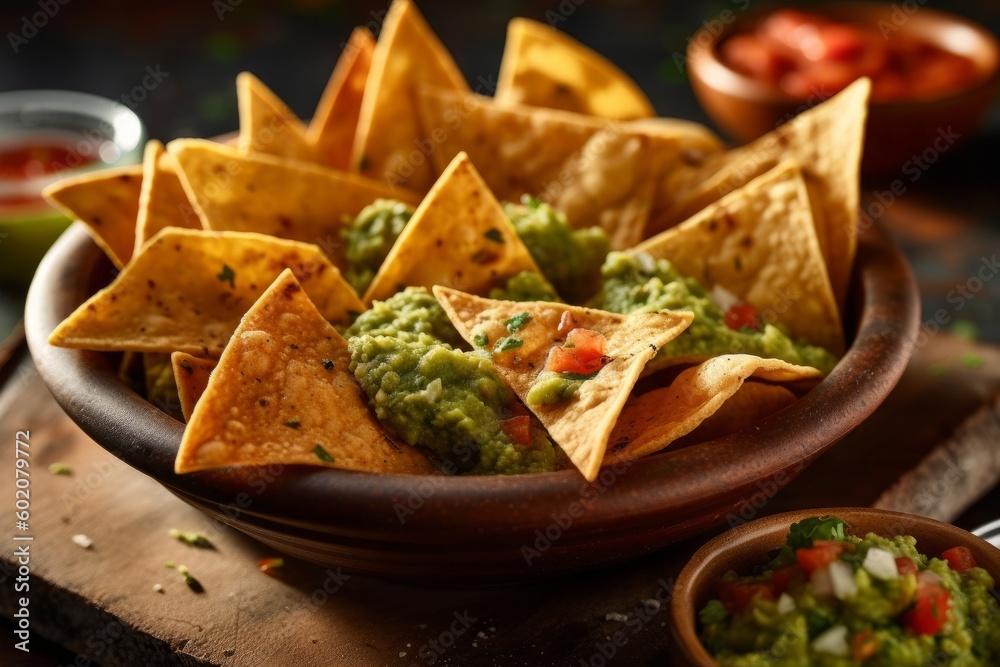 A bowl of freshly made tortilla chips, with salsa and guacamole on the side. Generative AI