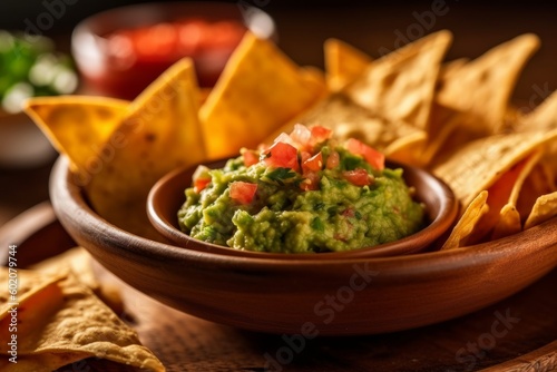 A bowl of freshly made tortilla chips, with salsa and guacamole on the side. Generative AI